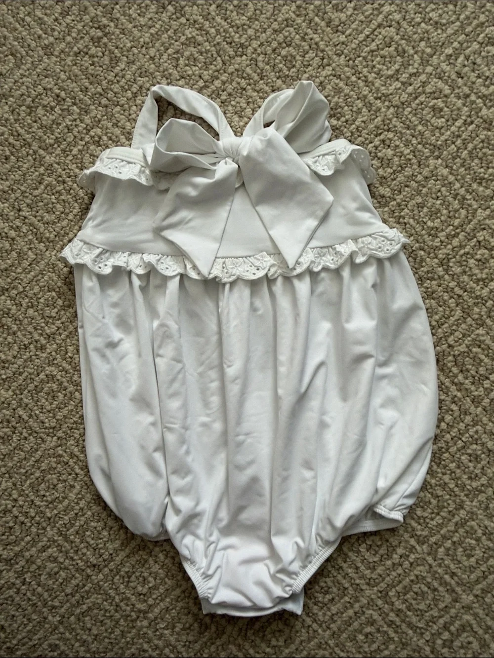 Beaufort Bonnet White Ruffle Bow Back Baby Swimsuit with Eyelet Trim